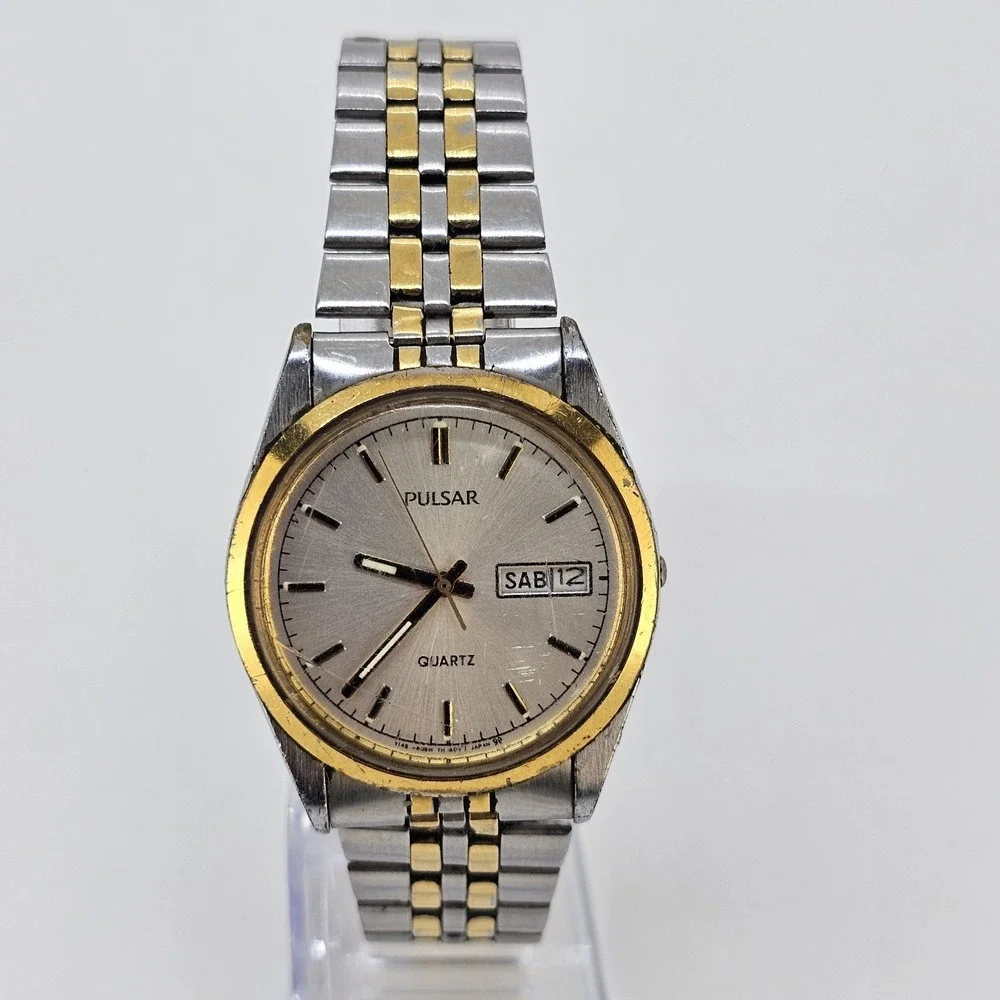 VTG Pulsar Men's Watch 35MM Gray Dial Day Date Two Tone Band 7.5